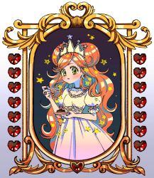 Rule 34 | 1girl, bead necklace, beads, blush, cake, chocolat meilleure, chocolate cake, crystal, double bun, dress, earrings, food, fork, frills, gem, gold, green eyes, hair bun, highres, holding, holding food, holding fork, holding plate, hoop earrings, jewelry, long hair, looking at viewer, necklace, open mouth, orange hair, parted bangs, picture frame, plate, puffy short sleeves, puffy sleeves, q yan31, ring, short sleeves, solo, star (symbol), sugar sugar rune, thick eyebrows, tiara, two side up, very long hair, wavy hair