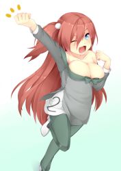 Rule 34 | &gt;;d, 1girl, :d, ;d, arm up, bare shoulders, blue eyes, borrowed character, breasts, cleavage, hair bobbles, hair ornament, highres, long hair, medium breasts, natsuki mitsu, one eye closed, open mouth, original, personification, red hair, side ponytail, simple background, smile, solo, train, v-shaped eyebrows, very long hair, white background, wink