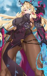 Rule 34 | 1girl, abs, absurdres, armor, bare shoulders, black dress, blonde hair, blue eyes, blue sky, breasts, brown pantyhose, chain, commission, dress, earrings, barghest (fate), barghest (second ascension) (fate), fate/grand order, fate (series), gauntlets, heterochromia, highres, horns, jewelry, large breasts, long hair, looking at viewer, muscular, muscular female, pantyhose, pauldrons, pelvic curtain, pixiv commission, pretty-purin720, red eyes, shoulder armor, sideboob, single gauntlet, single pauldron, sky, smile, solo, sword, thighs, toned, weapon