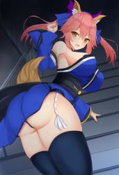 Rule 34 | 10s, 1girl, animal ears, ass, bare shoulders, black thighhighs, blush, breasts, detached sleeves, fate/extra, fate (series), female focus, fox ears, fox tail, from below, hair between eyes, hand up, indoors, japanese clothes, large breasts, long hair, looking at viewer, looking back, looking down, noeomi, pink hair, sideboob, smile, solo, stairs, strapless, tail, tamamo (fate), tamamo no mae (fate/extra), thighhighs, thighs, thong, type-moon