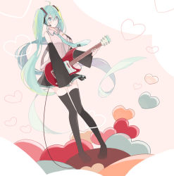 Rule 34 | 1girl, ahoge, bad id, bad pixiv id, chiri (ch!), detached sleeves, electric guitar, green eyes, green hair, guitar, hatsune miku, headset, heart, instrument, long hair, matching hair/eyes, necktie, pigeon-toed, skirt, solo, thighhighs, twintails, very long hair, vocaloid