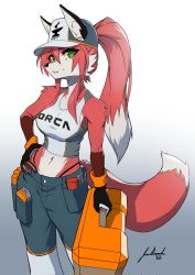 Rule 34 | animal ear fluff, cargo shorts, ears through headwear, fingernails, furry, furry female, gloves, gradient background, green eyes, grey background, hand on own hip, hat, highres, jecbrush, mechanic, midriff, navel, original, ponytail, red fur, sharp fingernails, shorts, tagme, tail, tank top, toolbox, tools, white background