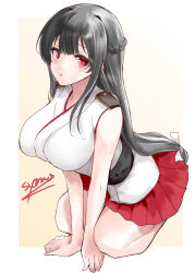 Rule 34 | 1girl, absurdres, artist name, black hair, braid, breasts, commentary request, epaulettes, french braid, fusou (kancolle), highres, japanese clothes, kantai collection, large breasts, long hair, one-hour drawing challenge, pleated skirt, red eyes, red skirt, seiza, shamo (ptwmjgda), shirt, sitting, skirt, sleeveless, sleeveless shirt, solo
