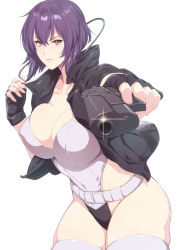 Rule 34 | 1girl, belt, black gloves, black jacket, breasts, cleavage, closed mouth, collarbone, commentary request, fingerless gloves, ghost in the shell, ghost in the shell stand alone complex, gloves, gun, handgun, highleg, highleg leotard, holding, holding weapon, jacket, kusanagi motoko, large breasts, leotard, lips, looking at viewer, open clothes, open jacket, purple hair, red eyes, shiny skin, short hair, simple background, solo, strapless, strapless leotard, thighhighs, thighs, weapon, white background, zucchini