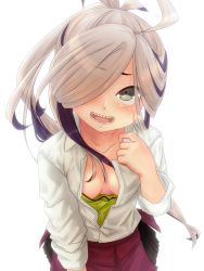 Rule 34 | 1girl, ahoge, asashimo (kancolle), breasts, collarbone, collared shirt, grey eyes, hair over one eye, highres, kantai collection, long hair, looking at viewer, multicolored hair, open clothes, open mouth, open shirt, ponytail, purple hair, school uniform, sharp teeth, shirt, silver hair, small breasts, solo, sparkling-rain, teeth, white shirt