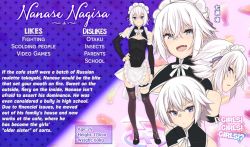 Rule 34 | !, 1boy, blue eyes, character age, character name, character sheet, cleavage cutout, clothing cutout, commentary, copyright name, english commentary, english text, full body, girls! girls! girls!?, hair between eyes, leotard, looking at viewer, maid, maid headdress, male focus, multiple views, nanase nagisa, official art, open mouth, pectoral cleavage, pectorals, smile, standing, thighhighs, tongue, trap, white hair