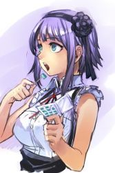 Rule 34 | 10s, 1girl, bare arms, bare shoulders, black skirt, blue eyes, breasts, candy, collared shirt, commentary request, dagashi kashi, eating, flower, food, from side, hair flower, hair ornament, hairband, holding, hungry clicker, large breasts, neck ribbon, open mouth, purple background, purple hair, red ribbon, ribbon, ringed eyes, shidare hotaru, shirt, skirt, solo, suspender skirt, suspenders, toothpick, upper body, wing collar