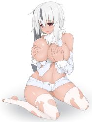 Rule 34 | 1girl, absol, black hair, blush, breast hold, breasts, covering breasts, covering privates, creatures (company), dark-skinned female, dark skin, game freak, gen 3 pokemon, large breasts, long hair, multicolored hair, natsuki straight, navel, nintendo, open mouth, personification, pokemon, red eyes, short shorts, shorts, side ponytail, simple background, solo, tail, thighhighs, toeless legwear, toes, torn clothes, torn thighhighs, white background, white hair, white thighhighs, wide hips