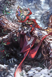 Rule 34 | 1girl, basket, bird, boots, cape, claws, flower, forest, fur, grey eyes, hair flower, hair ornament, highres, in tree, leaf, monster, mushroom, nature, silver hair, sitting, sitting in tree, solo, toujou bun, tree
