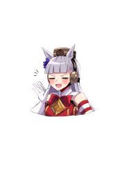 Rule 34 | 1girl, absurdres, animal ears, bare shoulders, blush, bow, brown hat, closed eyes, commentary request, dress, ear bow, gloves, gold ship (umamusume), grey hair, hat, highres, horse ears, horse girl, long hair, mare ma, notice lines, open mouth, pillbox hat, purple bow, red bow, red dress, simple background, smile, solo, umamusume, upper body, white background, white gloves