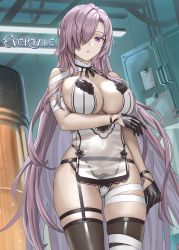 Rule 34 | 1girl, bandaged arm, bandaged leg, bandages, bare shoulders, black gloves, blue eyes, breasts, cleavage, closed mouth, commentary request, copyright name, covered navel, cuboon, evertale, garter straps, gloves, hair over one eye, highleg, highleg panties, highres, large breasts, lips, long hair, looking at viewer, official art, panties, purple hair, see-through, shiny clothes, simple background, sleeveless, solo, thighhighs, thighs, underwear