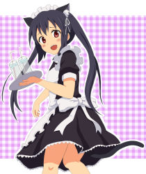 Rule 34 | 00s, 1girl, alternate costume, animal ears, bad id, bad pixiv id, black hair, blush, cat ears, cat girl, cat tail, enmaided, female focus, goro, k-on!, maid, nakano azusa, red eyes, solo, tail, twintails
