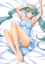Rule 34 | 1girl, anklet, aqua eyes, aqua hair, arms up, bad id, bad pixiv id, bare arms, barefoot, bed, blush, breasts, chiro, collarbone, dress, feet, feet together, hair ribbon, hatsune miku, jewelry, long hair, looking at viewer, lying, on back, panties, ribbon, smile, solo, striped clothes, striped panties, tachibana (digital selery), tachibanakoharu, toes, twintails, underwear, very long hair, vocaloid