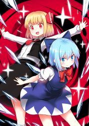 Rule 34 | 2girls, :d, blonde hair, blue eyes, blue hair, bow, cirno, dress, hair bow, hair ribbon, multiple girls, necktie, nosuku, open mouth, outstretched arms, red eyes, ribbon, rumia, shirt, skirt, smile, spread arms, touhou, vest