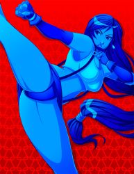 Rule 34 | 1990s (style), 1girl, bare legs, blue theme, breasts, clenched hands, earrings, elbow pads, fighting stance, final fantasy, final fantasy vii, fingerless gloves, gloves, jewelry, kicking, legs, lips, long hair, low-tied long hair, midriff, miniskirt, monochrome, panties, pantyshot, parted lips, punching, red background, retro artstyle, serious, setsuna22, skirt, solo, spot color, spread legs, suspender skirt, suspenders, tank top, taut clothes, tifa lockhart, underwear, upskirt, very long hair