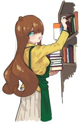 Rule 34 | 1girl, ahoge, apron, blue eyes, blunt bangs, book, book stack, bookshelf, brown hair, collared shirt, cowboy shot, from side, fugota6509, green apron, grey skirt, hair over one eye, highres, holding, holding book, kiratto pri chan, long hair, long sleeves, looking at viewer, looking back, nijinosaki dia, open mouth, pleated skirt, pretty series, shirt, simple background, skirt, solo, standing, very long hair, white background, yellow shirt