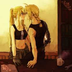 Rule 34 | 1boy, 1girl, ahoge, automail, belt, black shirt, blonde hair, blouse, blue eyes, bookshelf, braid, braided ponytail, clothes around waist, couple, cup, edward elric, eye contact, friends, fullmetal alchemist, gloves, hand on table, hetero, imminent kiss, indoors, jacket, jacket around waist, long hair, looking at another, mechanical arms, mug, navel, pants, ponytail, shirt, single braid, single mechanical arm, sleeveless, stomach, table, tank top, tsukuda0310, very long hair, wall, winry rockbell, wrench, yellow eyes