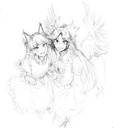 Rule 34 | 2girls, animal ears, asymmetrical footwear, bird wings, black bow, bow, braid, cat ears, clenched hand, extra ears, fangs, feathered wings, footwear bow, graphite (medium), greyscale, heterochromia, idkrn, kaenbyou rin, long hair, mismatched footwear, monochrome, multiple girls, open mouth, paw pose, pointy ears, puffy short sleeves, puffy sleeves, radiation symbol, reiuji utsuho, short sleeves, simple background, sketch, slit pupils, smile, third eye, touhou, traditional media, tsurime, twin braids, white background, wings
