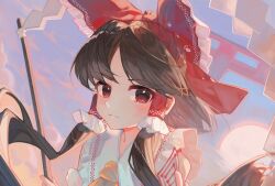 Rule 34 | 1girl, absurdres, ascot, bare shoulders, black hair, bow, cindy717, closed mouth, commentary, gohei, hair bow, hair tubes, hakurei reimu, highres, holding, holding gohei, japanese clothes, long hair, looking at viewer, nontraditional miko, red bow, red eyes, sidelocks, solo, torii, touhou, upper body, yellow ascot