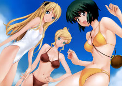 Rule 34 | 3girls, absurdres, bag, between breasts, bikini, blonde hair, blue eyes, breasts, cleavage, day, dutch angle, elisa, flat chest, green eyes, green hair, hair ribbon, hair up, hand on own hip, handbag, highres, hip focus, long hair, medium breasts, multiple girls, non-web source, one-piece swimsuit, quiz magic academy, ribbon, riel, shalon, short hair, grey eyes, sky, small breasts, smile, swimsuit