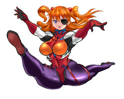 Rule 34 | 1girl, aqua eyes, ass, bodysuit, breasts, brown hair, covered navel, curvy, evangelion: 3.0+1.0 thrice upon a time, evangelion: 3.0 you can (not) redo, eyepatch, flexible, floating, floating hair, full body, gymnastics, jumping, large breasts, looking at viewer, neon genesis evangelion, plugsuit, rebuild of evangelion, red bodysuit, sawano kiyoshi, shiny clothes, simple background, solo, souryuu asuka langley, twintails, two side up, white background