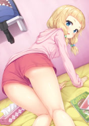 Rule 34 | 10s, 1girl, all fours, ass, backpack, bag, bed, blonde hair, blue eyes, blush, hair bobbles, hair flaps, hair ornament, highres, hood, hood down, hooded jacket, jacket, kneepits, looking back, magazine (object), md5 mismatch, new game!, no panties, open mouth, sakura nene, short hair, shorts, solo, tissue box, tomifumi, twintails, unworn backpack, unworn bag, upshorts