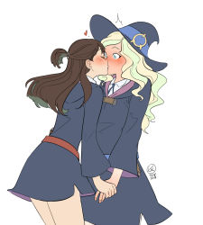 Rule 34 | 2girls, artist name, blonde hair, blue eyes, blush, brown hair, dated, diana cavendish, grey background, holding hands, hat, heart, kagari atsuko, kiss, little witch academia, long hair, multiple girls, short ponytail, surprised, ticcy, witch hat, yuri