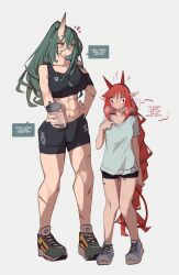 Rule 34 | 2girls, absurdres, arknights, black shorts, black sports bra, bottle, braid, breasts, clothes pull, commentary, demon horns, english commentary, english text, full body, green hair, grey background, height difference, highres, holding, holding bottle, horns, hoshiguma (arknights), knees together feet apart, large breasts, long hair, material growth, medium breasts, multiple girls, muscular, muscular female, navel, open mouth, oripathy lesion (arknights), pointy ears, ponytail, red eyes, red hair, scar, shirt, shirt pull, shorts, simple background, single horn, skin-covered horns, speech bubble, sports bra, stomach, sweat, t-shirt, togekk0, very long hair, vigna (arknights), white shirt, yellow eyes