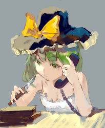 Rule 34 | 1girl, alternate costume, bare shoulders, bow, breasts, cleavage, diao (nrays), frills, green eyes, green hair, grey background, hat, hat bow, highres, holding, holding knife, holding phone, knife, komeiji koishi, phone, simple background, small breasts, solo, touhou, yellow bow