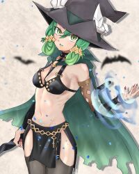 Rule 34 | 1girl, bare shoulders, cloak, fake horns, fingernails, folded hair, green cloak, green eyes, green hair, hat, highres, holding, holding staff, horned hat, horned headwear, horns, long fingernails, o-ring strap, oyecomova08, red nails, sharp fingernails, staff, unicorn overlord, witch hat, yahna (unicorn overlord)