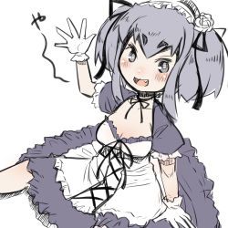 Rule 34 | 1girl, :d, arm up, bad id, bad pixiv id, blush, breasts, cleavage, dress, fang, flower, frilled hairband, frills, gloves, grey dress, grey eyes, grey hair, hair between eyes, hair flower, hair ornament, hairband, highres, kantai collection, open mouth, puffy short sleeves, puffy sleeves, rose, short sleeves, simple background, sitting, sketch, small breasts, smile, solo, tokitsukaze (kancolle), twintails, u-non (annon&#039;an), white background, white flower, white gloves, white rose