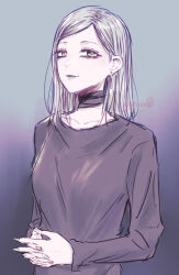 Rule 34 | 1girl, black choker, choker, earrings, gradient background, grey background, grey hair, grey shirt, highres, jewelry, long sleeves, looking at viewer, medium hair, original, own hands clasped, own hands together, parted lips, sakashima 0822, shirt, signature, smile, solo, stud earrings, upper body, yellow eyes
