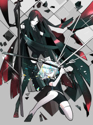 Rule 34 | androgynous, arrow (projectile), black eyes, black hair, bort, diamond (houseki no kuni), elbow gloves, expressionless, gem uniform (houseki no kuni), gender request, gloves, highres, holding, holding sword, holding weapon, houseki no kuni, kai (aryp3737), katana, loafers, long hair, multicolored hair, necktie, on one knee, shards, shoes, short hair, shorts, sparkle, standing, star (symbol), sword, thighhighs, two-handed, very long hair, weapon