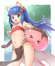 Rule 34 | 1girl, :3, :d, animal ear fluff, animal ears, bikini, bikini top only, blue eyes, blue hair, blush, bow, brown gloves, brown skirt, cat ears, commentary request, elbow gloves, emurin, feet out of frame, flat chest, gloves, gluteal fold, hair bow, highres, long hair, looking at viewer, mage (ragnarok online), majiko (emurin), midriff, navel, open mouth, pelvic curtain, poring, ragnarok online, red bikini, red bow, red skirt, showgirl skirt, skirt, slime (creature), smile, swimsuit