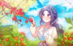Rule 34 | 1girl, belt, birthday, black hair, blue shirt, blue sky, blue undershirt, blush, branch, breasts, bush, buttons, closed mouth, cloud, commentary, day, dress shirt, egami tsubaki, english commentary, flower, half updo, hands up, holding, holding umbrella, idolmaster, idolmaster cinderella girls, jacket, leaf, light rays, light smile, long hair, long sleeves, low ponytail, medium breasts, official alternate costume, official alternate hairstyle, open clothes, open jacket, outdoors, parted bangs, plant, ponytail, purple eyes, purple skirt, r nanaya224, reaching, red flower, shirt, sidelocks, skirt, sky, smile, split mouth, standing, straight hair, transparent, transparent umbrella, tree, umbrella, undershirt, upper body, white jacket