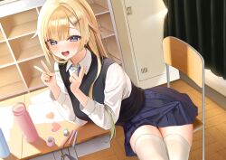 Rule 34 | 0707 una, 1girl, absurdres, aizawa ema, blonde hair, blue eyes, blue skirt, chair, collared shirt, desk, hair ornament, hairclip, highres, indoors, long hair, long sleeves, looking at viewer, on chair, open mouth, school chair, school desk, school uniform, shirt, sitting, skirt, smile, teeth, thighhighs, v, virtual youtuber, vspo!, white shirt, white thighhighs, zettai ryouiki