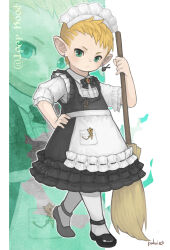Rule 34 | 1boy, absurdres, apron, black bow, black bowtie, black dress, blonde hair, bow, bowtie, broom, closed mouth, collar, crossdressing, dress, earrings, final fantasy, final fantasy xiv, frilled dress, frills, full body, gem, green eyes, hand on own hip, highres, holding, holding broom, jewelry, lalafell, looking at viewer, maid, maid apron, maid headdress, male focus, multiple views, pointy ears, puluie, short hair, signature, single earring, spriggan (final fantasy), tiptoes, waist apron, white collar, white headdress