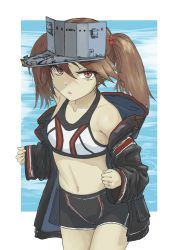 Rule 34 | 1girl, alternate costume, black jacket, blush, brown hair, commentary request, hair between eyes, hair ornament, hat, highres, hood, hood down, hooded jacket, jacket, kantai collection, long hair, long sleeves, magatama, magatama hair ornament, navel, nito (nshtntr), open mouth, red eyes, ryuujou (kancolle), short shorts, shorts, simple background, solo, sports bra, twintails, visor cap