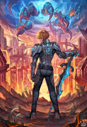 Rule 34 | 1boy, absurdres, armor, blonde hair, bone, boots, bright pupils, cityscape, claws, closed mouth, cloud, cloudy sky, commentary, commission, cover image, demon, english commentary, from behind, gauntlets, hand on hilt, highres, holding, holding sword, holding weapon, looking at viewer, looking back, male focus, lava, original, pants, red eyes, sa-dui, science fiction, shoulder armor, sky, solo, pauldrons, standing, sword, weapon
