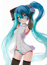 Rule 34 | 1girl, absurdres, armpits, black thighhighs, blue eyes, blue hair, blush, breasts, collared shirt, detached sleeves, embarrassed, hatsune miku, hatsune miku (vocaloid4), head tilt, highres, long hair, looking at viewer, panties, parted lips, roll interconch, shirt, skindentation, sleeveless, sleeveless shirt, small breasts, solo, striped clothes, striped panties, surprised, thighhighs, twintails, tying hair, underwear, very long hair, vocaloid, white background, white shirt
