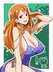 Rule 34 | 1girl, alternate costume, breasts, brown eyes, cleavage, covered erect nipples, dress, large breasts, long hair, looking at viewer, nami (one piece), nami (one piece) (zou), nipples, official alternate costume, one piece, orange hair, purple dress, shiny skin, short dress, side slit, solo, tesu, very long hair, wide hips