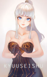Rule 34 | 1girl, black dress, blade &amp; soul, blue eyes, breasts, closed mouth, commission, dress, earrings, fingers together, fuwaffy, highleg, highres, jewelry, large breasts, long hair, looking at viewer, md5 mismatch, red lips, simple background, sleeveless, sleeveless dress, smile, solo, strapless, strapless dress, white background, white hair