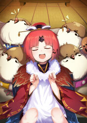 Rule 34 | &gt; &lt;, 1girl, :d, absurdres, animal, animal on head, apron, benienma (fate), bird, blush, clenched hands, closed eyes, commentary request, doyagao, eighth note, facing viewer, fate/grand order, fate (series), feather trim, hat, highres, horns, indoors, japanese clothes, jinsai sa sa, kimono, long sleeves, music, musical note, on head, open mouth, parted bangs, red hair, red hat, red kimono, short hair, singing, single horn, sitting, smile, smug, solo, sparrow, v-shaped eyebrows, white apron, wide sleeves