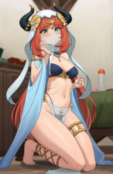 Rule 34 | 1girl, alternate costume, anklet, aqua eyes, barefoot, bikini, black bikini, blue nails, blue sleeves, blurry, breasts, brooch, circlet, cleavage, closed mouth, clothing cutout, commentary, depth of field, detached sleeves, fake horns, feet, genshin impact, groin, harem outfit, highleg, highleg bikini, highres, horns, indoors, jewelry, kneeling, long hair, looking at viewer, lube, medium breasts, mouth veil, nail polish, neck ring, nilou (genshin impact), parted bangs, pelvic curtain, red hair, see-through, sex toy, solo, sp123, string bikini, sweatdrop, swimsuit, thighlet, thighs, toenail polish, toenails, toes, veil, wide sleeves