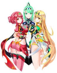 Rule 34 | 3girls, ass, blonde hair, breast press, breasts, female focus, green eyes, green hair, highres, jewelry, large breasts, long hair, matching hair/eyes, multiple girls, multiple persona, mythra (xenoblade), panties, pantyshot, pneuma (xenoblade), pyra (xenoblade), red eyes, red hair, short shorts, shorts, simple background, skindentation, spoilers, symmetrical docking, thigh strap, tim (a9243190a), underwear, white background, xenoblade chronicles (series), xenoblade chronicles 2, yellow eyes