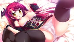 Rule 34 | 1girl, black thighhighs, blush, breasts, breasts out, brown eyes, dress, game cg, head wings, large breasts, long hair, looking at viewer, luce yami asutarite, lying, magical marriage lunatics!!, nipples, non-web source, on back, panties, parted lips, red hair, solo, spread legs, thighhighs, underwear, wings, yamakaze ran, yellow eyes