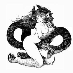 Rule 34 | 1girl, absurdres, breasts, claws, female focus, highres, horns, huge filesize, kneeling, long hair, monochrome, monster girl, nude, oratnir, original, parted lips, pointy ears, snake, snake tail, solo, tail