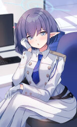Rule 34 | 1girl, aoi (blue archive), blue archive, blue eyes, blue halo, blue necktie, blush, breasts, chair, collared shirt, gloves, halo, heart, highres, keyboard (computer), large breasts, long sleeves, looking at viewer, mi taro333, monitor, necktie, parted lips, pleated skirt, pointy ears, purple hair, shirt, short hair, sitting, skirt, solo, white gloves, white shirt, white skirt