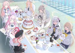 Rule 34 | 6+girls, absurdres, angel wings, animal ears, azusa (blue archive), blonde hair, blue archive, brown eyes, cake, cake slice, cellphone, closed eyes, cruciform halo, cup, extra ears, food, fox ears, halo, hanako (blue archive), hifumi (blue archive), highres, holding, holding cup, holding saucer, holding stuffed toy, koharu (blue archive), light brown hair, long hair, long sleeves, long table, low twintails, macaron, mika (blue archive), multiple girls, nagisa (blue archive), open mouth, peroro (blue archive), phone, pink hair, plate, saucer, seia (blue archive), sitting, smartphone, stuffed animal, stuffed bird, stuffed toy, swiss roll, table, tablecloth, tea party, tea set, teacup, teapot, tiered tray, twintails, tyobis., white wings, wings