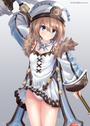 Rule 34 | 1girl, arm up, bare legs, bare shoulders, blanc (neptunia), blue eyes, blush, breasts, brown hair, choujigen game neptune, clothes lift, coat, compile heart, cowboy shot, dress, dress lift, expressionless, frown, fur-trimmed coat, fur trim, hair over eyes, hammer, hat, helvetica std, highres, holding, holding hammer, idea factory, long sleeves, looking at viewer, medium hair, neptune (series), open clothes, open coat, over shoulder, panties, pantyshot, pleated dress, small breasts, solo, spaghetti strap, staring, thighs, underwear, upskirt, weapon, weapon on back, weapon over shoulder, white coat, white dress, white panties, wide sleeves, wind, wind lift